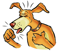 A cartoon dog coughing into its paw.